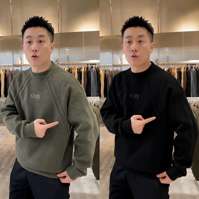 绵羊毛圆领卫衣男士冬季潮牌刺绣百搭加绒加厚上衣宽松休闲打底衫