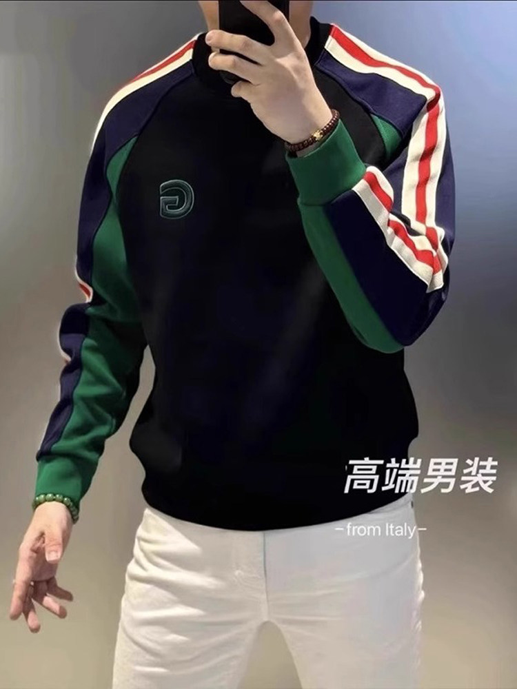 加绒卫衣男士秋冬季美式潮牌修身条纹拼接撞色圆领上衣休闲打底衫