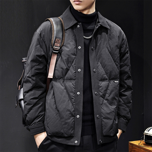 轻薄款白鸭绒羽绒服男士冬季潮牌美式复古大码翻领拼接衬衫式外套
