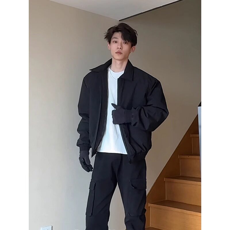 飞行夹克外套男秋冬季美式潮牌痞帅高街运动翻领短款加厚夹棉棉衣