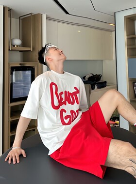 爱心字母印花短袖短裤套装男夏季潮牌痞帅青年宽松休闲穿搭两件套