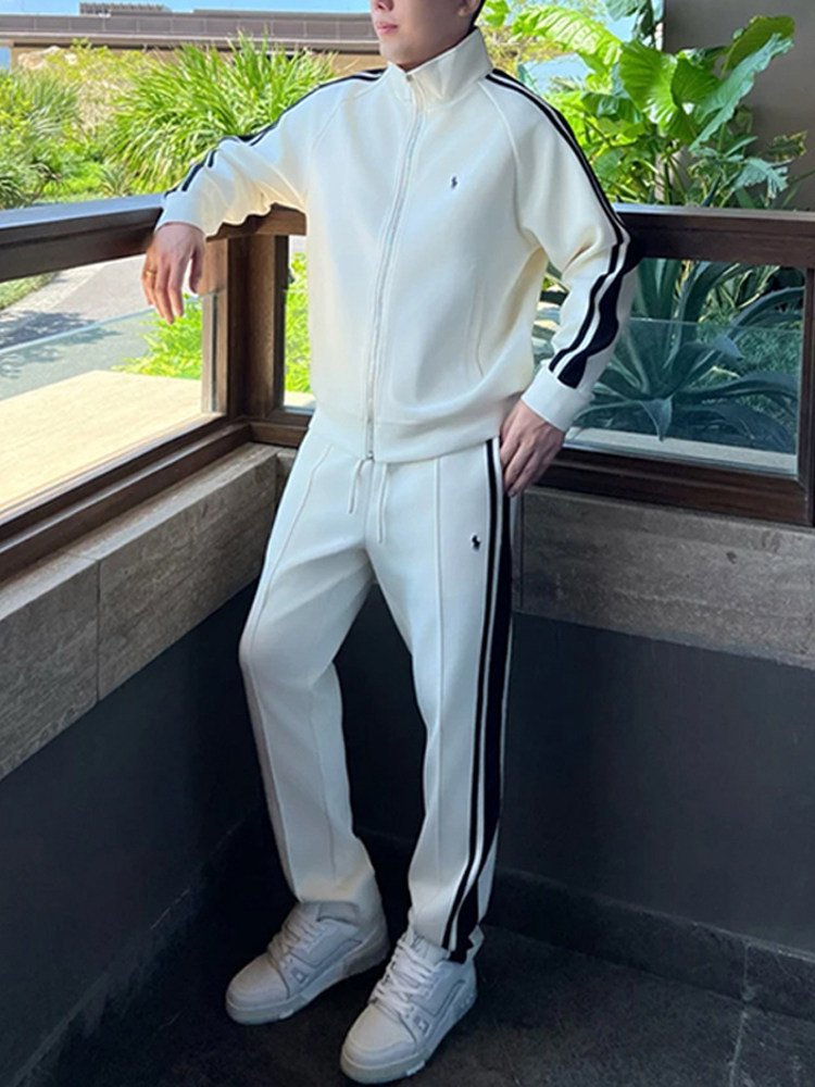 老钱风休闲运动套装男士春秋季潮牌立领夹克外套搭配直筒长裤一套,男装,时尚套装,淘宝优惠券,粉丝福利购,淘宝优惠卷