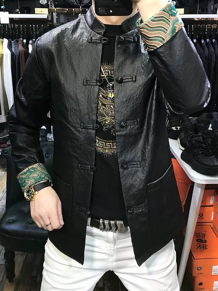新中式皮衣夹克男士春秋季2025新款潮牌休闲立领国风唐装盘扣外套