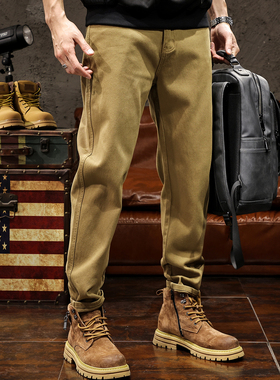 卡其色休闲裤男士秋冬季潮牌加绒美式复古运动裤重磅直筒工装裤子