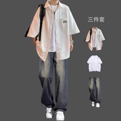 华夫格休闲套装男夏季潮牌短袖衬衫外套牛仔裤青少年痞帅穿搭一套