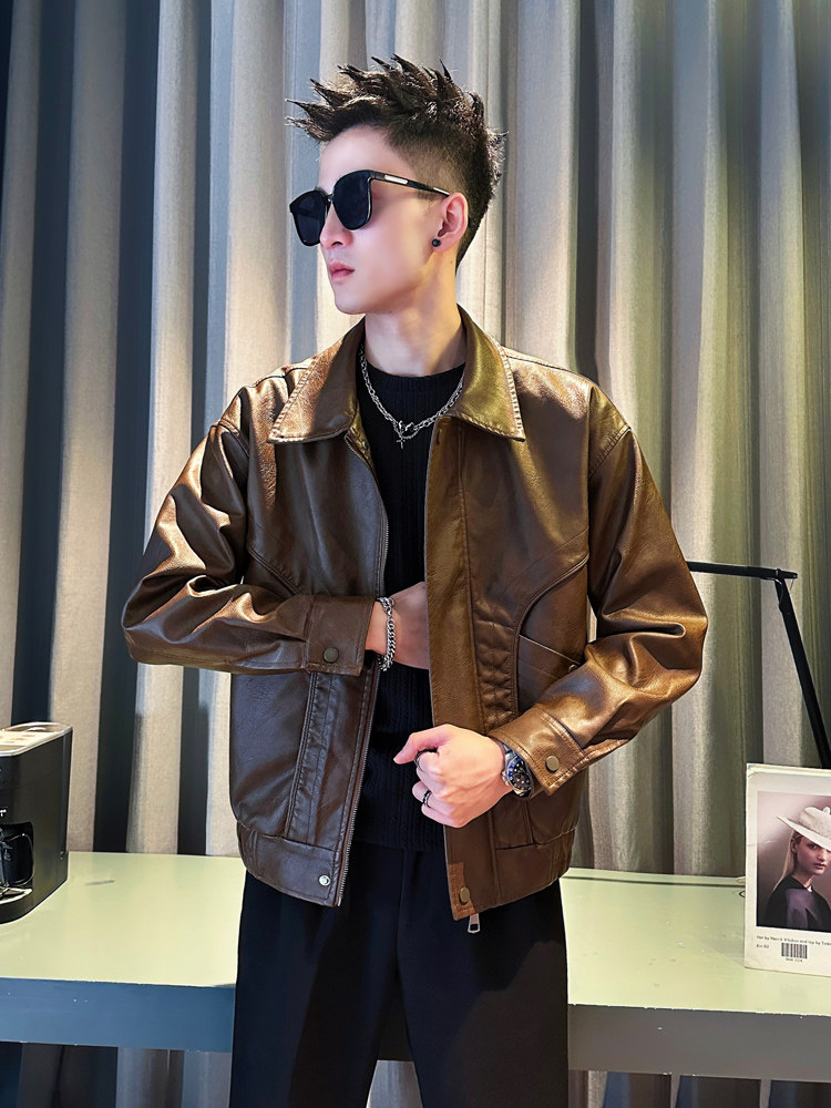 高级感皮衣外套男士春秋季2025新款美式潮牌痞帅加绒休闲翻领夹克