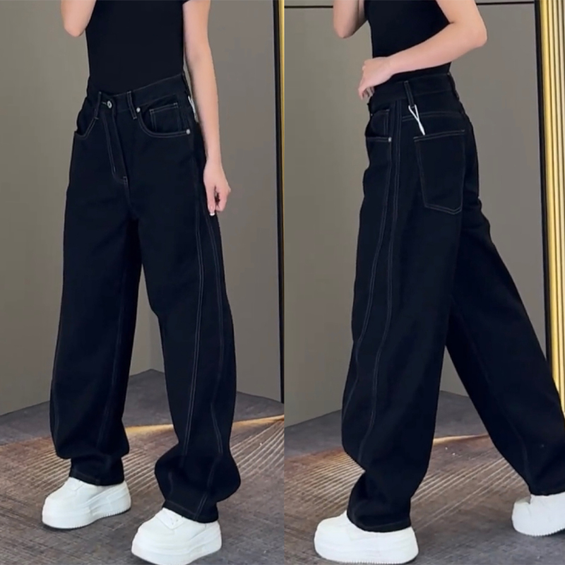 黑色弯刀牛仔裤男春秋冬季潮牌痞帅百搭阔腿裤宽松直筒休闲长裤子