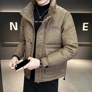 羽绒服男士冬季2025新款潮牌痞帅防风防水加厚短款羽绒PU皮衣外套