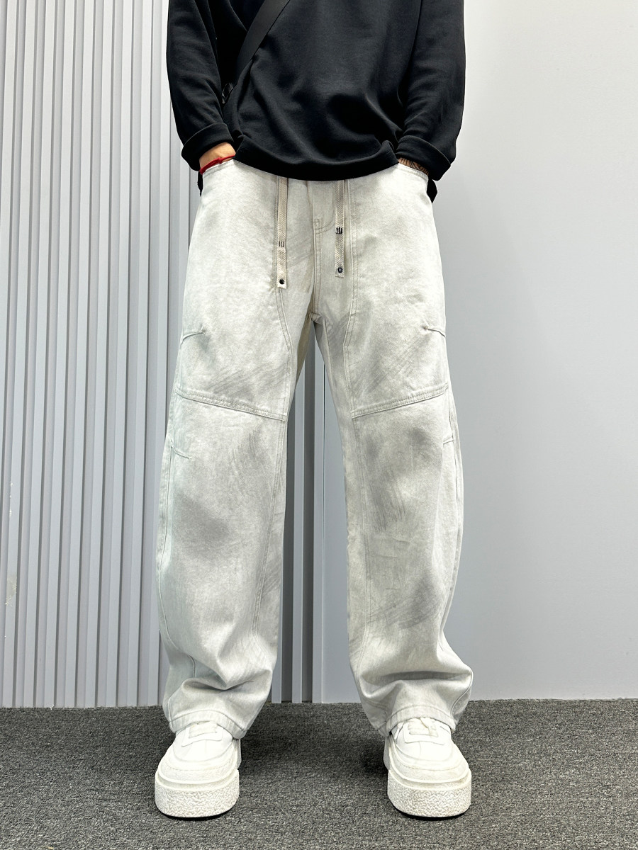 拼接水洗牛仔裤男春秋冬款潮牌痞帅宽松直筒裤美式高街阔腿弯刀裤