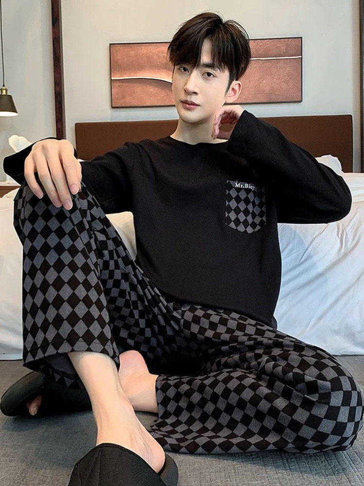 纯棉格子睡衣男款春秋季韩版青少年休闲宽松可外穿家长袖居服套装