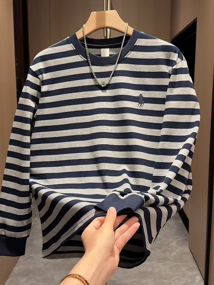 条纹卫衣男春秋季薄款潮牌痞帅休闲刺绣圆领上衣宽松打底长袖T恤