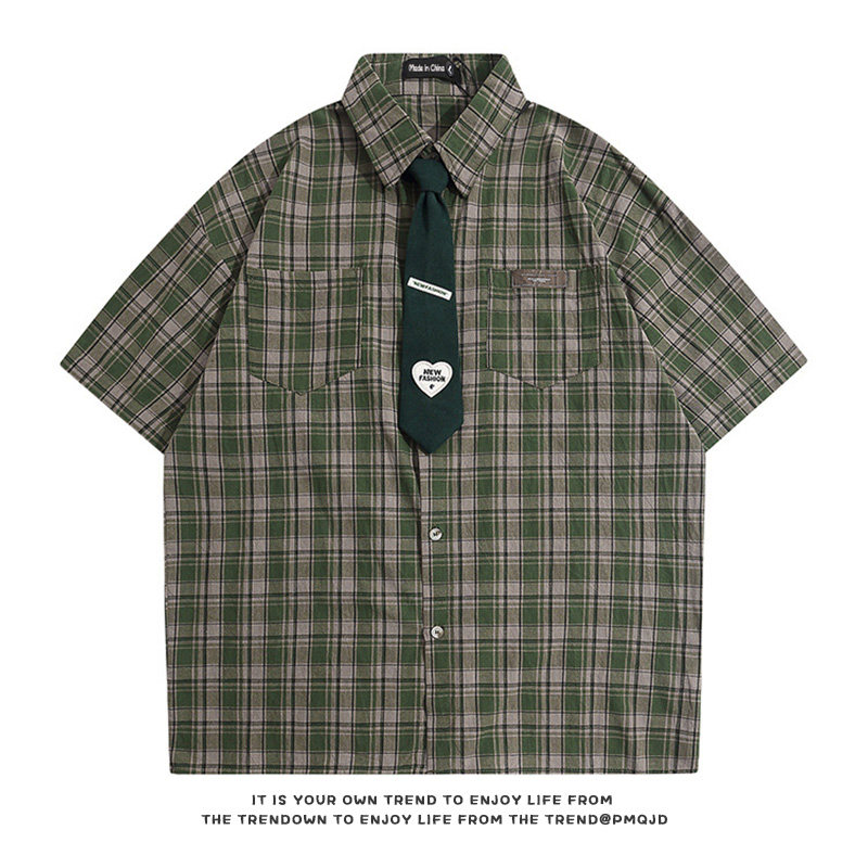 芃漫爱心领带格子短袖衬衣日系复古学院风情侣衬衫男女帅气外套夏