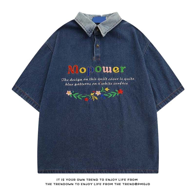 芃漫小花刺绣牛仔短袖polo衫日系复古文艺情侣tee恤小众夏季t恤潮