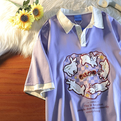 芃漫棋盘格兔子情侣短袖polo衫