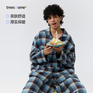 TreesHome厚款 加薄绒蓝棕格家居服秋冬睡衣套装