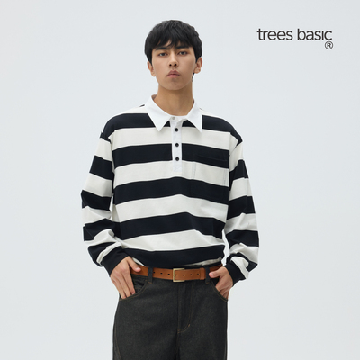 TreesBasic100%棉经典大条纹拼接领长袖polo衫2026长袖T新款春