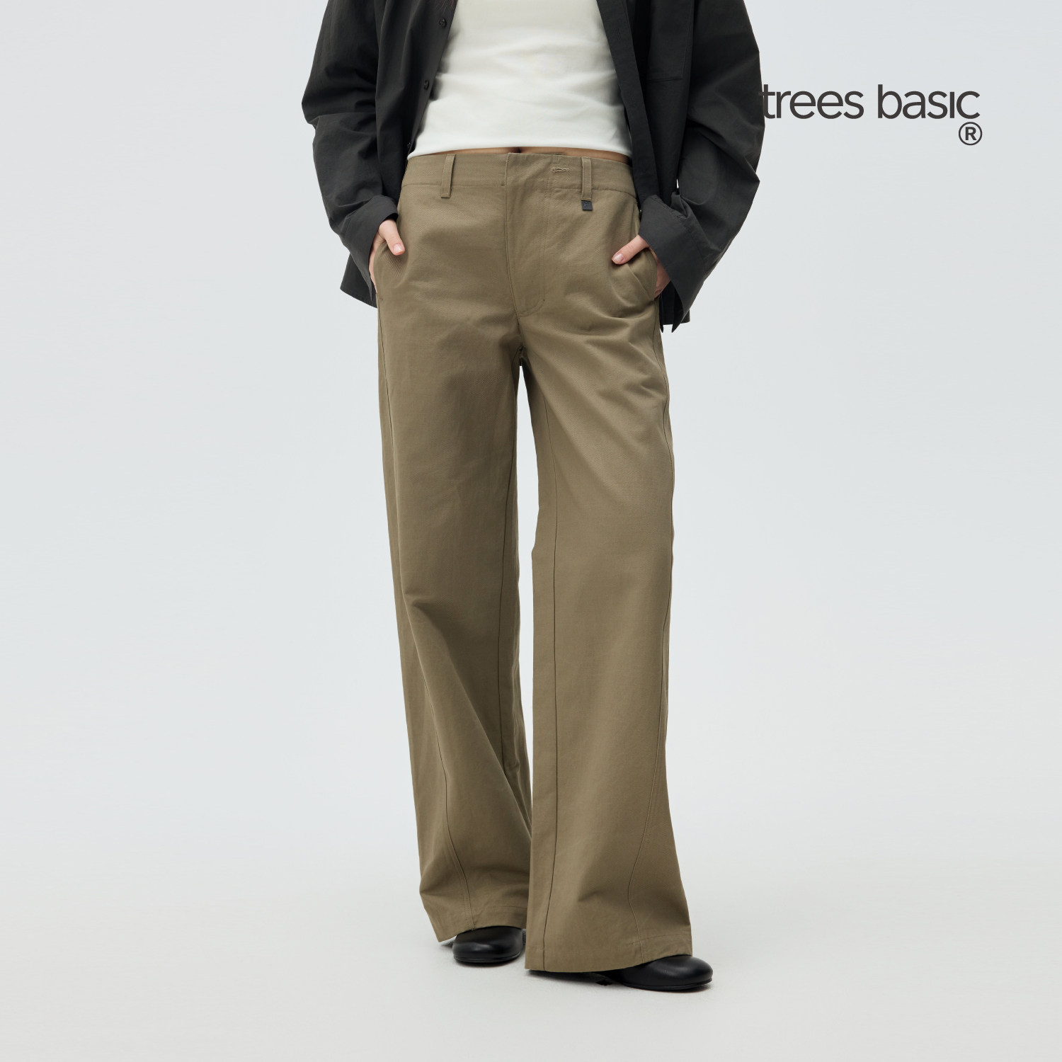 TreesBasic亚麻棉无腰头女款阔腿休闲裤2026春季新款阔