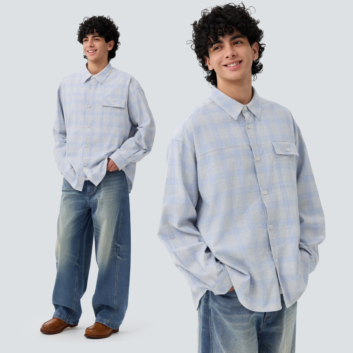 WARMTREES双面拉绒细密白蓝格纹薄长袖衬衫