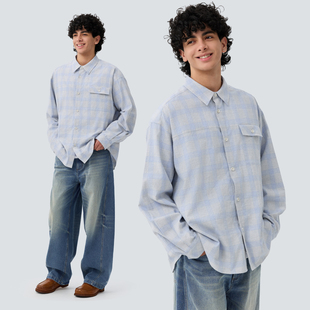 外套休闲 宽松男开衫 warmtrees双面拉绒细密白蓝格纹薄长袖 衬衫