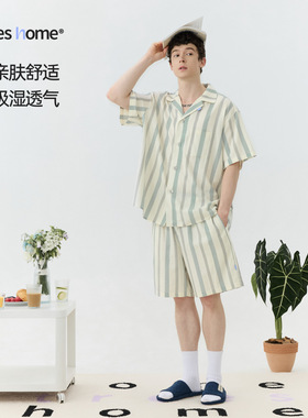 warmtrees支线TreesHome大条纹古巴领家居服春夏睡衣套装男女