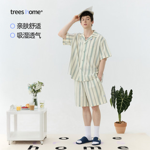 warmtrees支线TreesHome大条纹古巴领家居服春夏睡衣套装 男女