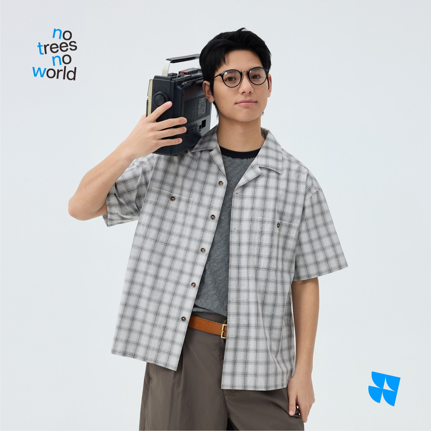 warmtrees古巴领纽扣贴袋复古白黑格子短袖衬衫2026新款