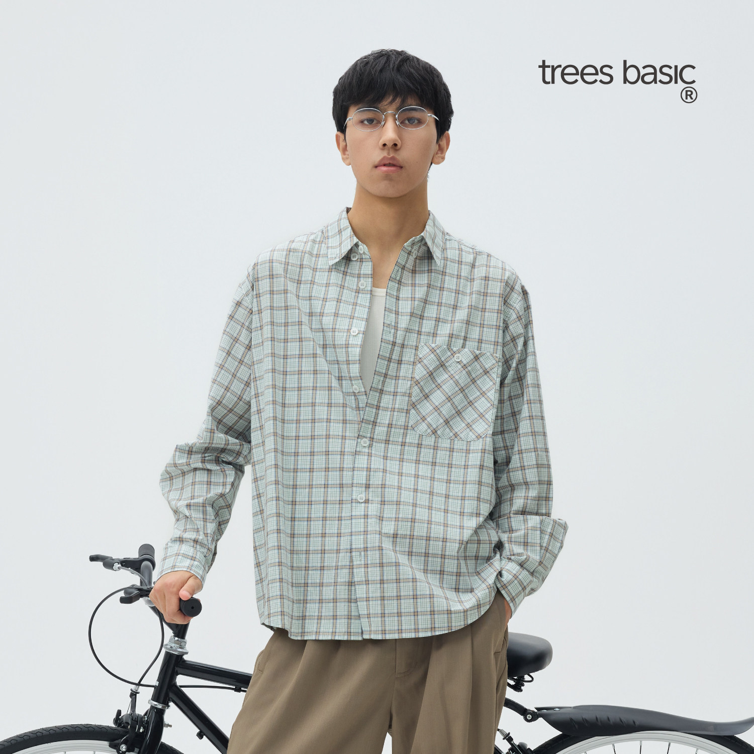 TreesBasic仿丝绸清新色织格纹长袖衬衫2026年春季新款格子衬衫