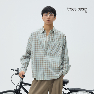 TreesBasic仿丝绸清新色织格纹长袖衬衫2026年春季新款格子衬衫