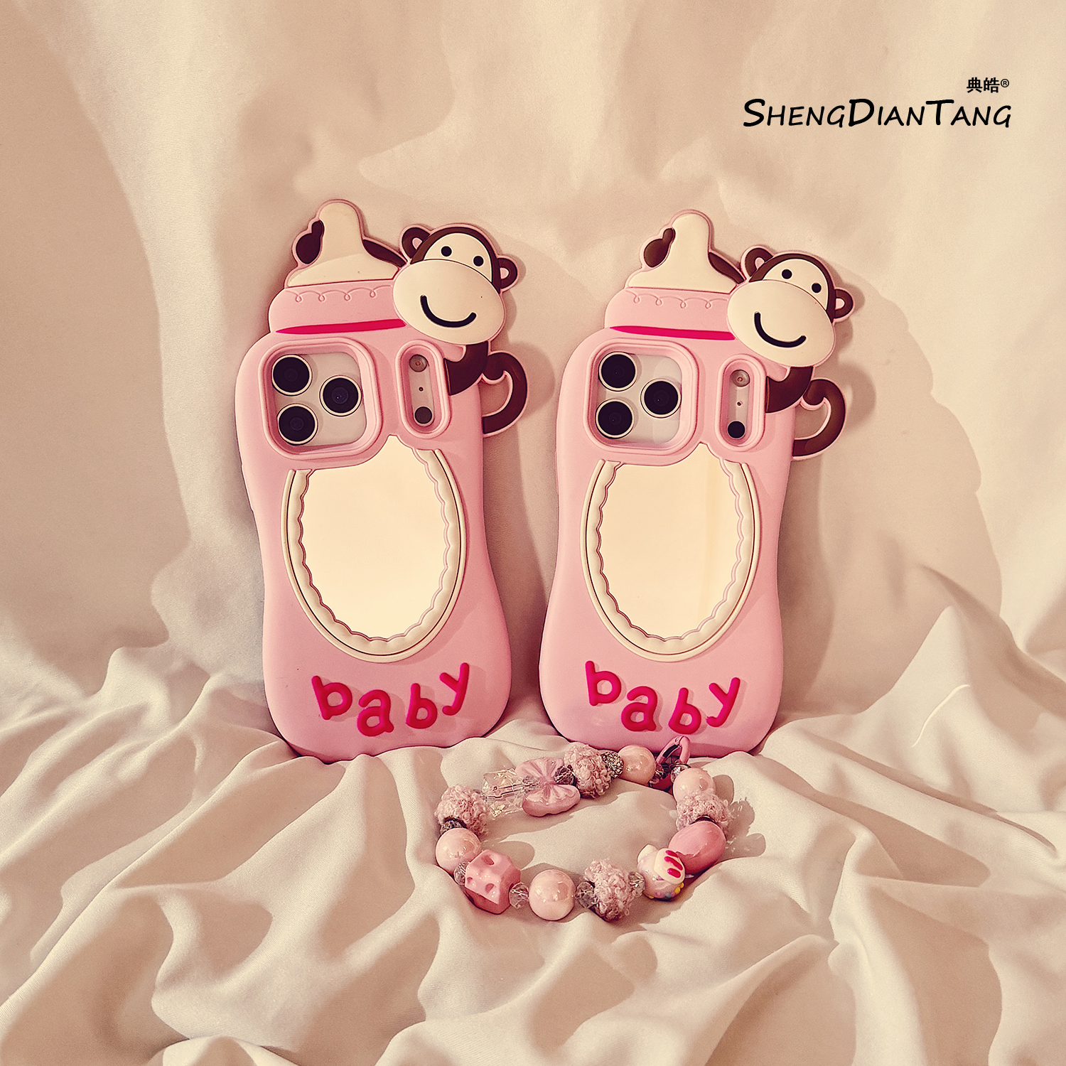 立体卡通奶瓶猴子镜面适用苹果17ProMax手机壳iphone17新款16pro可爱15创意14女款16promax软硅胶保护套链条