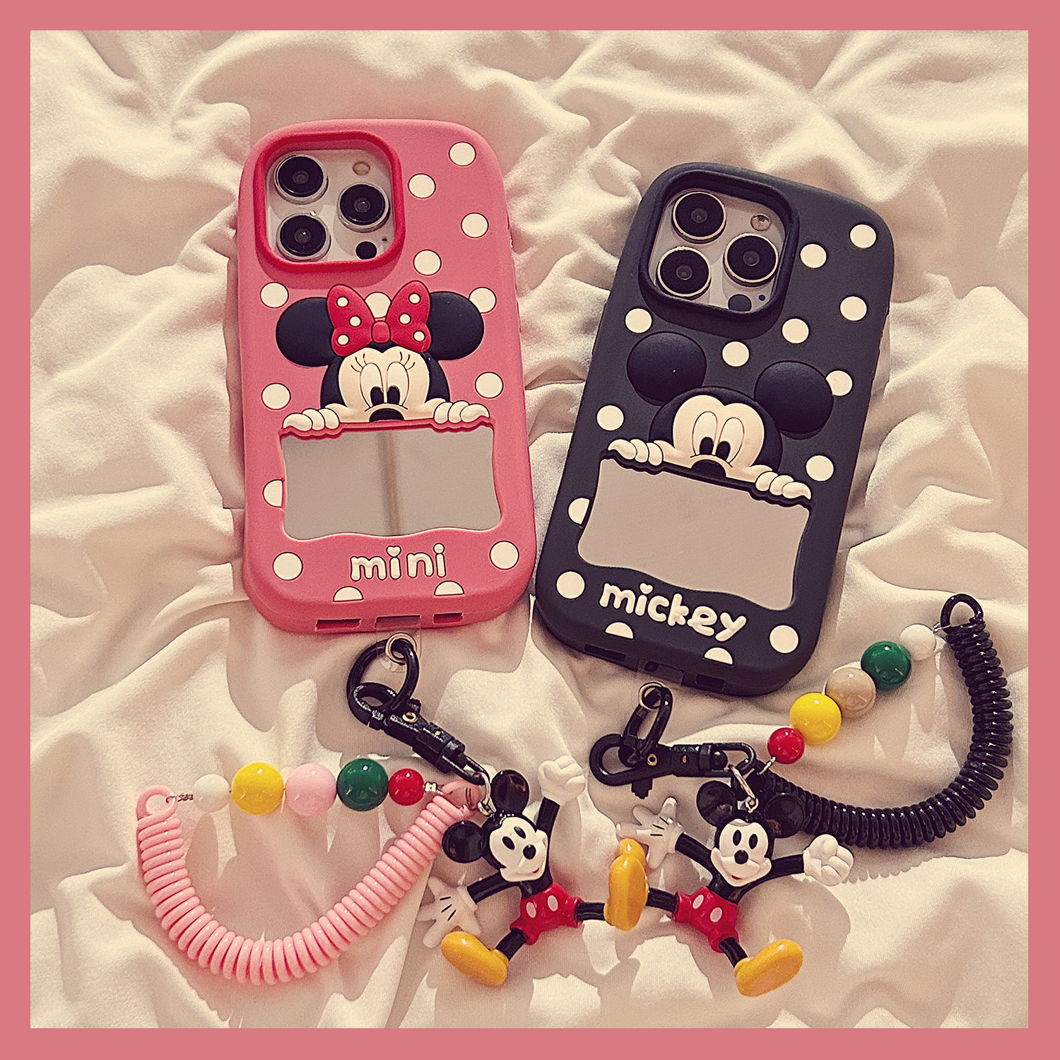 卡通趴趴米奇米妮镜子适用苹果16ProMax手机壳新款iphone16可爱15创意14高级13女款15promax软硅胶保护套链条