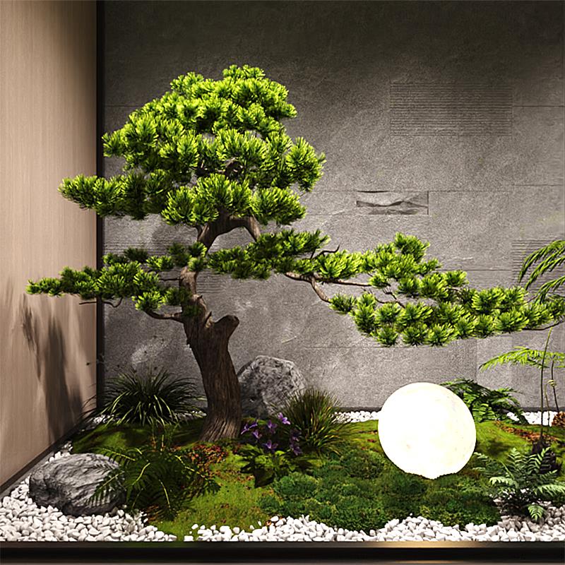 仿真迎客松造景大型假树植物室内玄关楼梯下中式装饰松树绿植景观