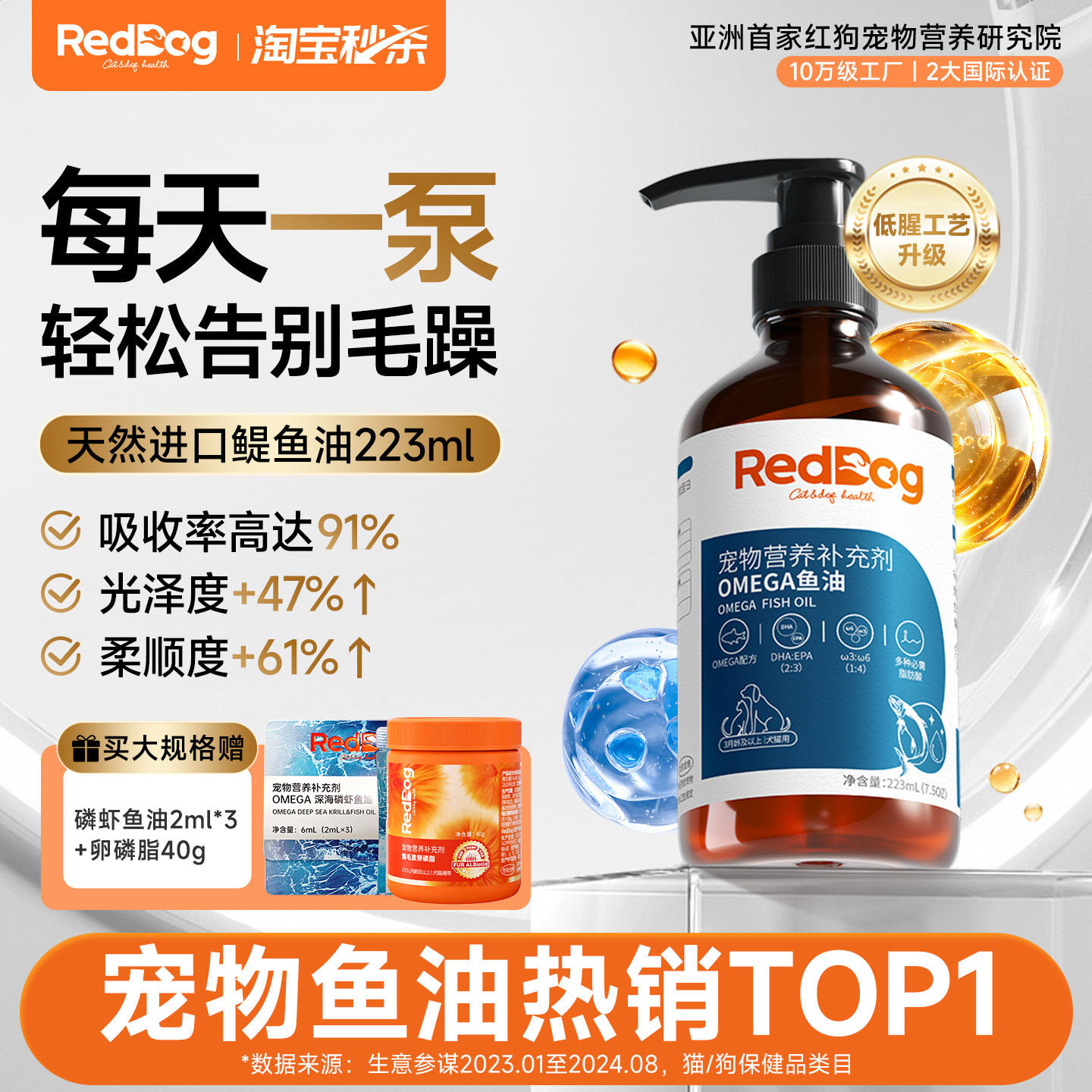 红狗鳀鱼油猫咪狗狗专用omega3宠物鱼油猫用卵磷脂爆毛美毛