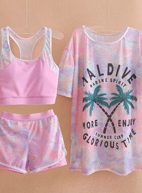 女童分体式泳衣三件套装中大童女孩休闲保守游泳装中大童12-15岁