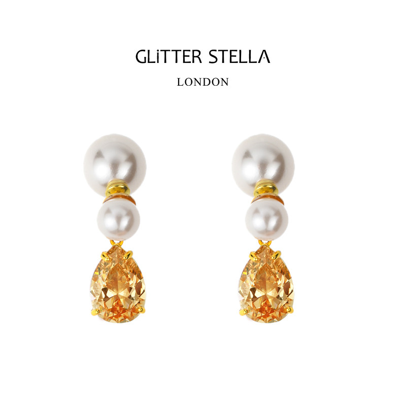 GLITTER STELLA「橙光」双珍珠橙色橘色锆石耳钉