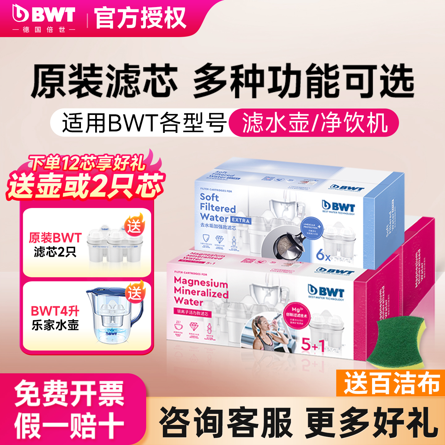 德国BWT滤芯倍世过滤净水壶即热饮水机滤芯原装去水垢镁离子滤芯