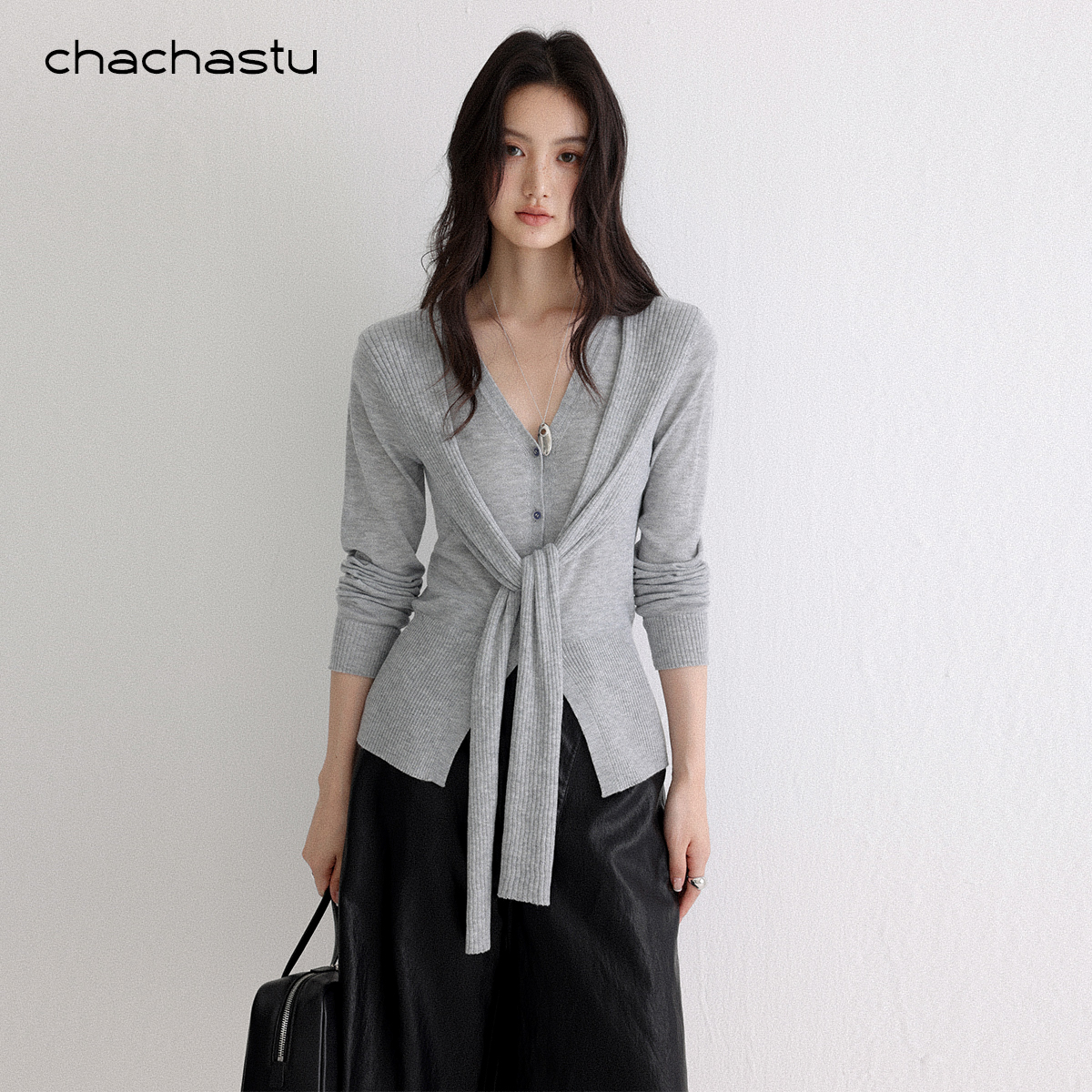 CHACHASTU 气质极简V领绑带设计显瘦针织衫女秋冬小个子显瘦上衣