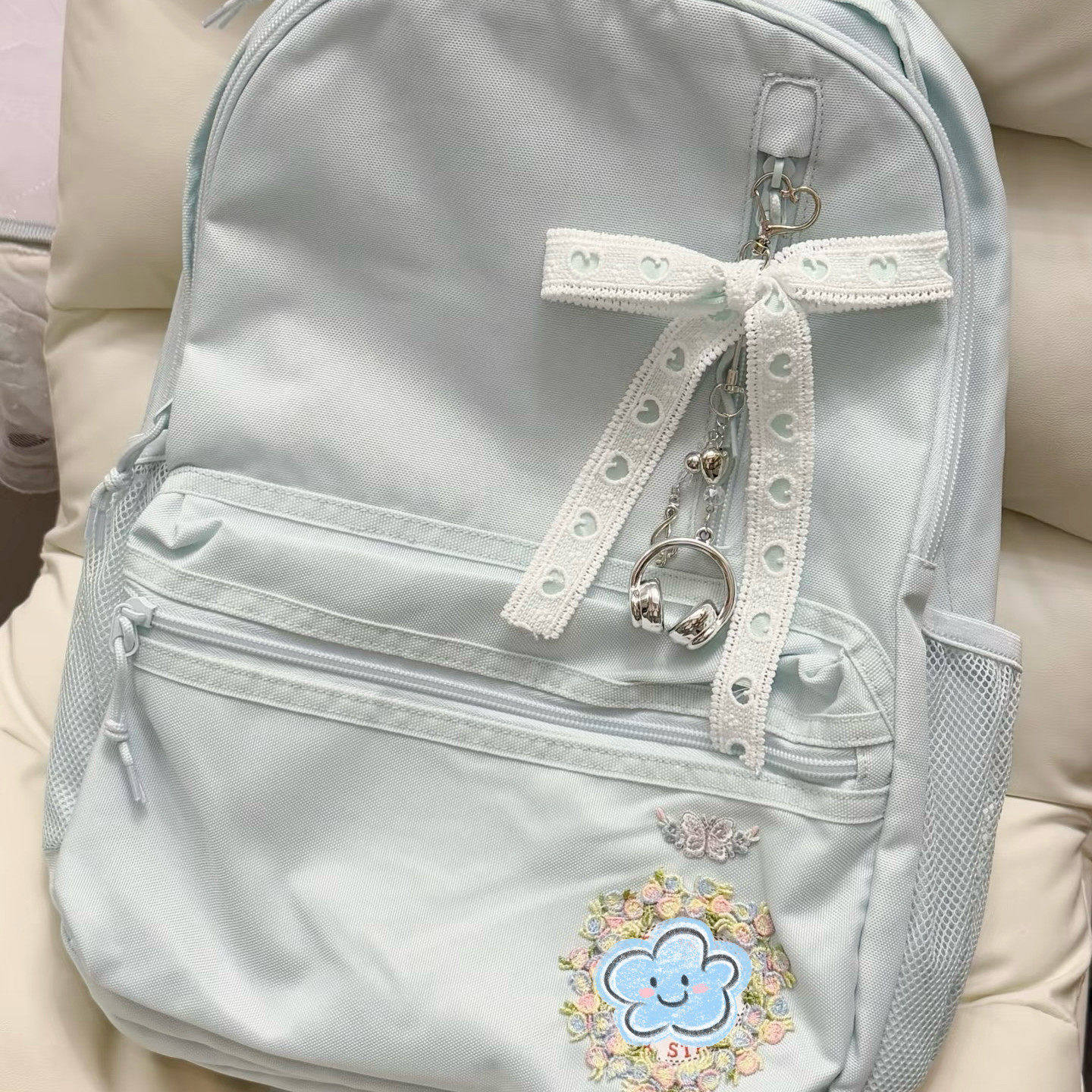 星月蓝双肩包diy彩色花朵
