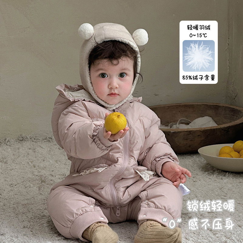 婴幼儿羽绒连体衣 a类2025冬季宝宝保暖加厚衣服女宝外出连帽