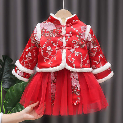 汉服女童拜年服中国风唐装过年儿童新年周岁衣服加厚旗袍宝宝冬装