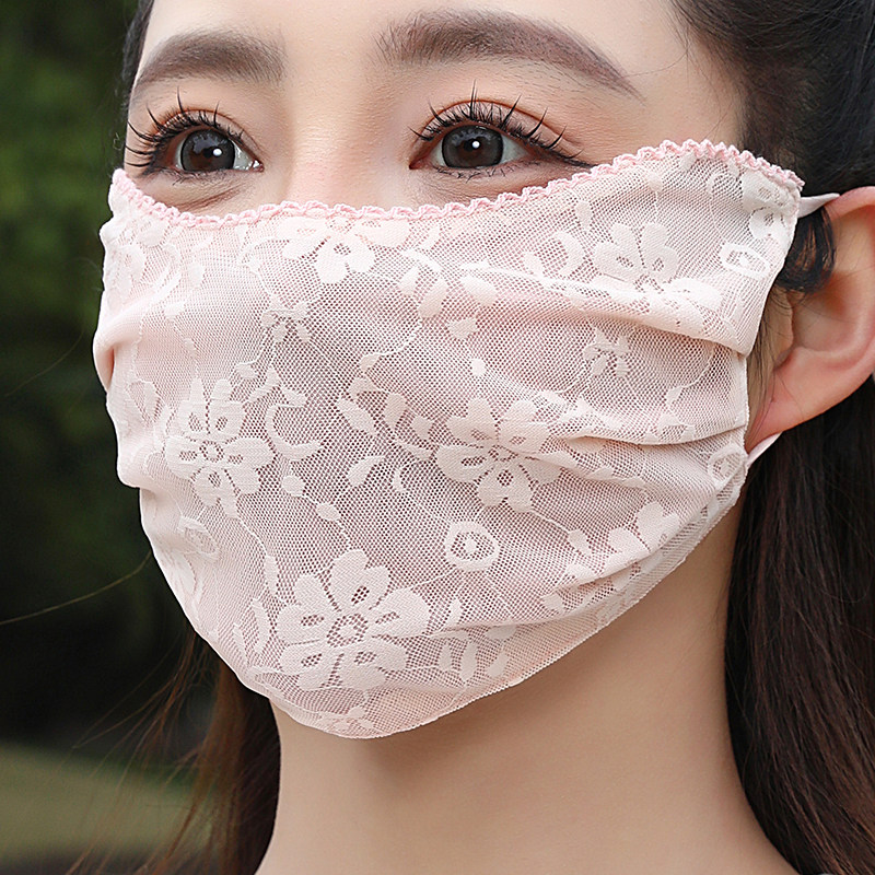 轻薄蕾丝防晒口罩女夏季透气防紫外线遮阳面罩锁边春夏印花花边潮