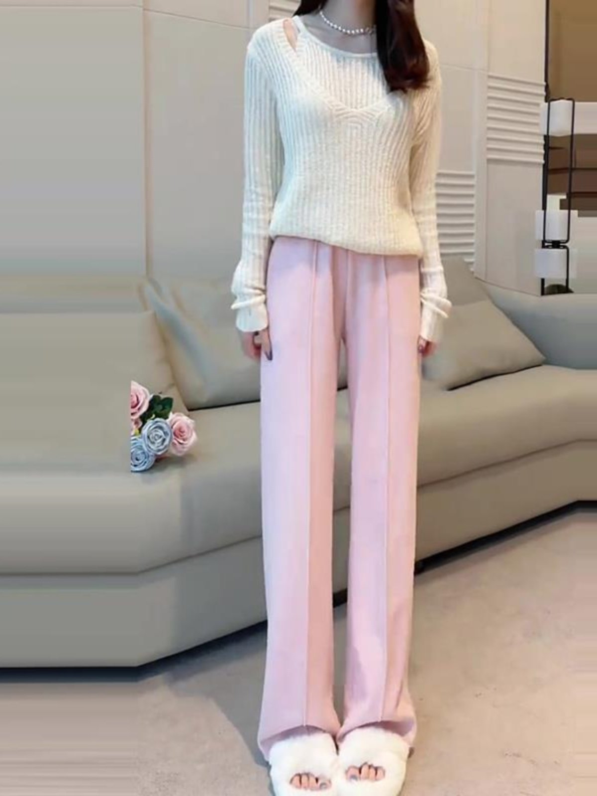 冬季粉色羊呢加绒裤子女春秋新款小个子垂感窄版毛呢针织阔腿裤子,女装/女士精品,大码裤装,淘宝优惠券,粉丝福利购,淘宝优惠卷