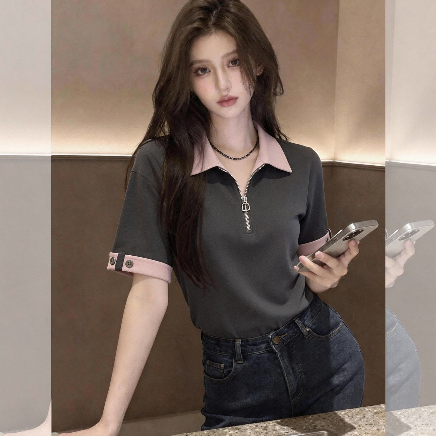 时尚宽松polo领短袖T恤女夏季显瘦遮肚子减龄设计感拉炼灰色上衣