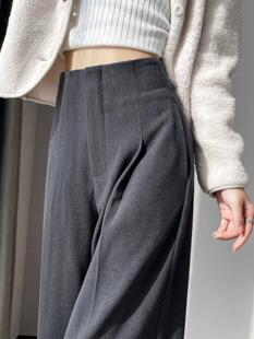 高级感垂感小个子高腰阔腿裤 加绒加厚毛呢裤 裤 灰色西装 子女秋冬季