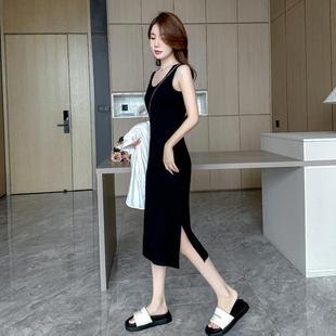 無袖 長裙打底背心裙內搭開叉小黑裙 2025新款 黑色吊帶連衣裙女夏季