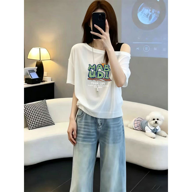 韩系字母印花斜肩上衣女夏季新款小众设计感撞色露肩吊带短袖T恤