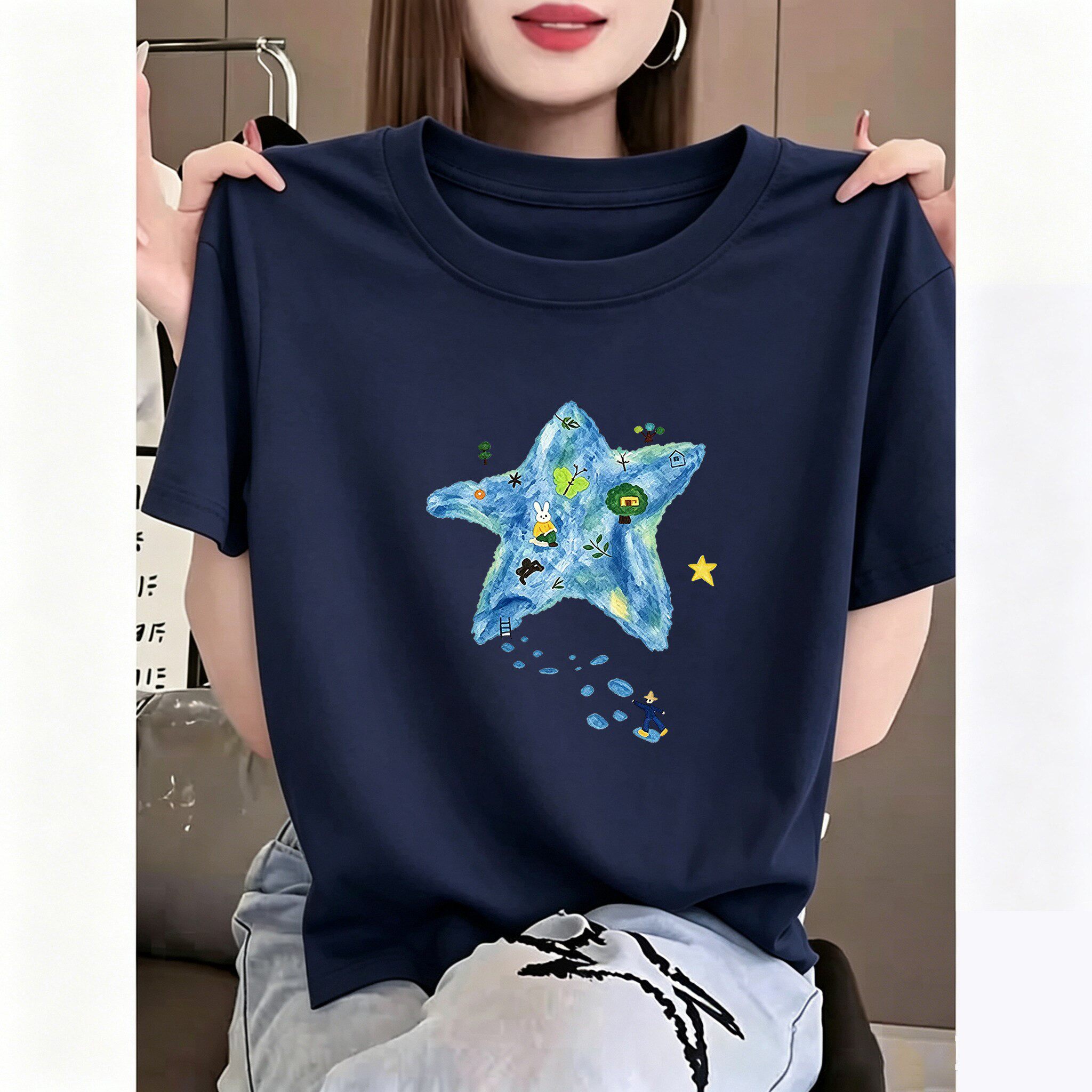 藏蓝色圆领短袖T恤女夏时尚洋气小个子星星印花百搭减龄体恤上衣