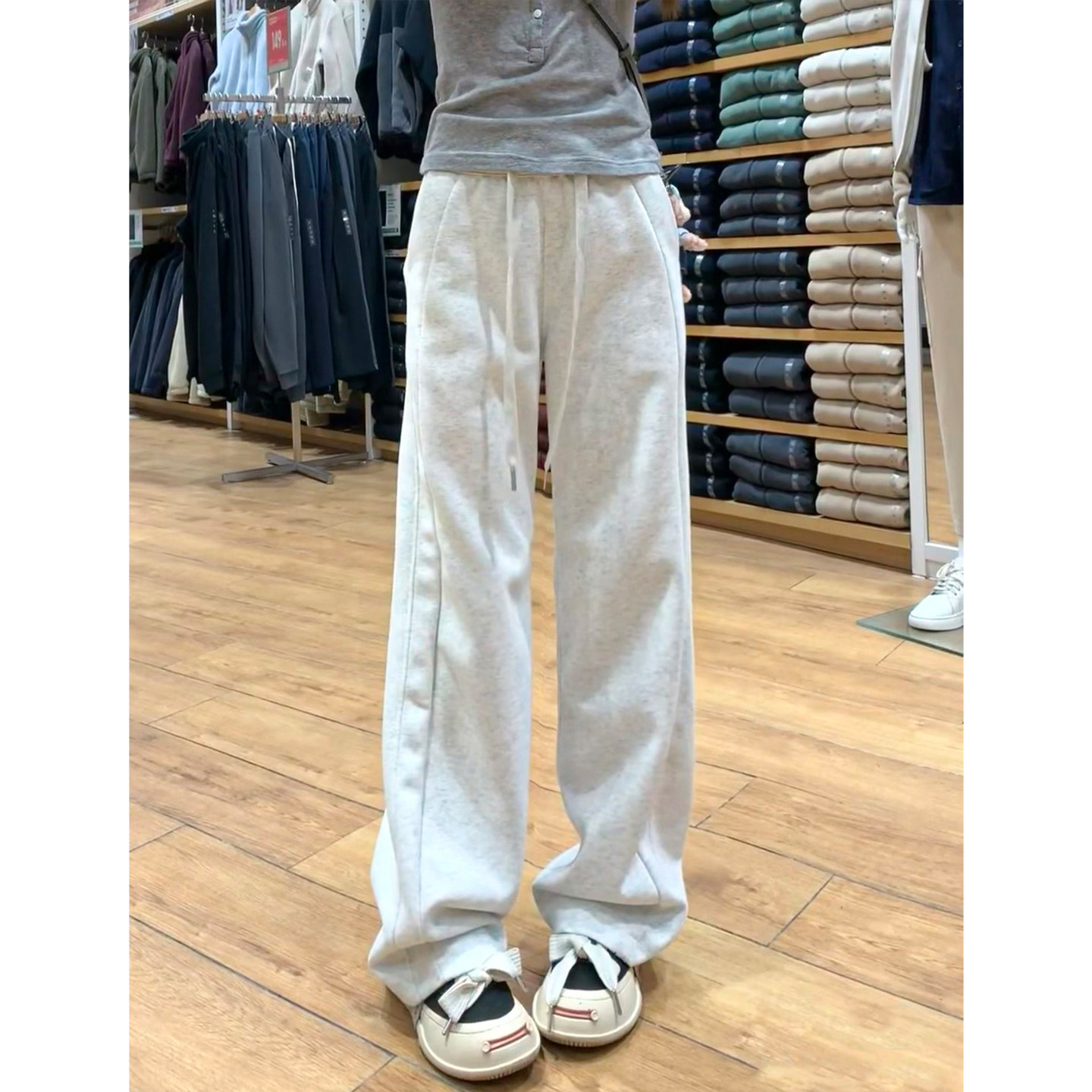 白灰色直筒运动裤女秋冬2025新款加绒lulu同款卫裤窄版显瘦阔腿裤