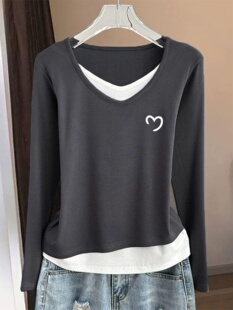 假两件V领正肩纯棉长袖t恤女春秋季小众设计感时尚洋气打底衫上衣