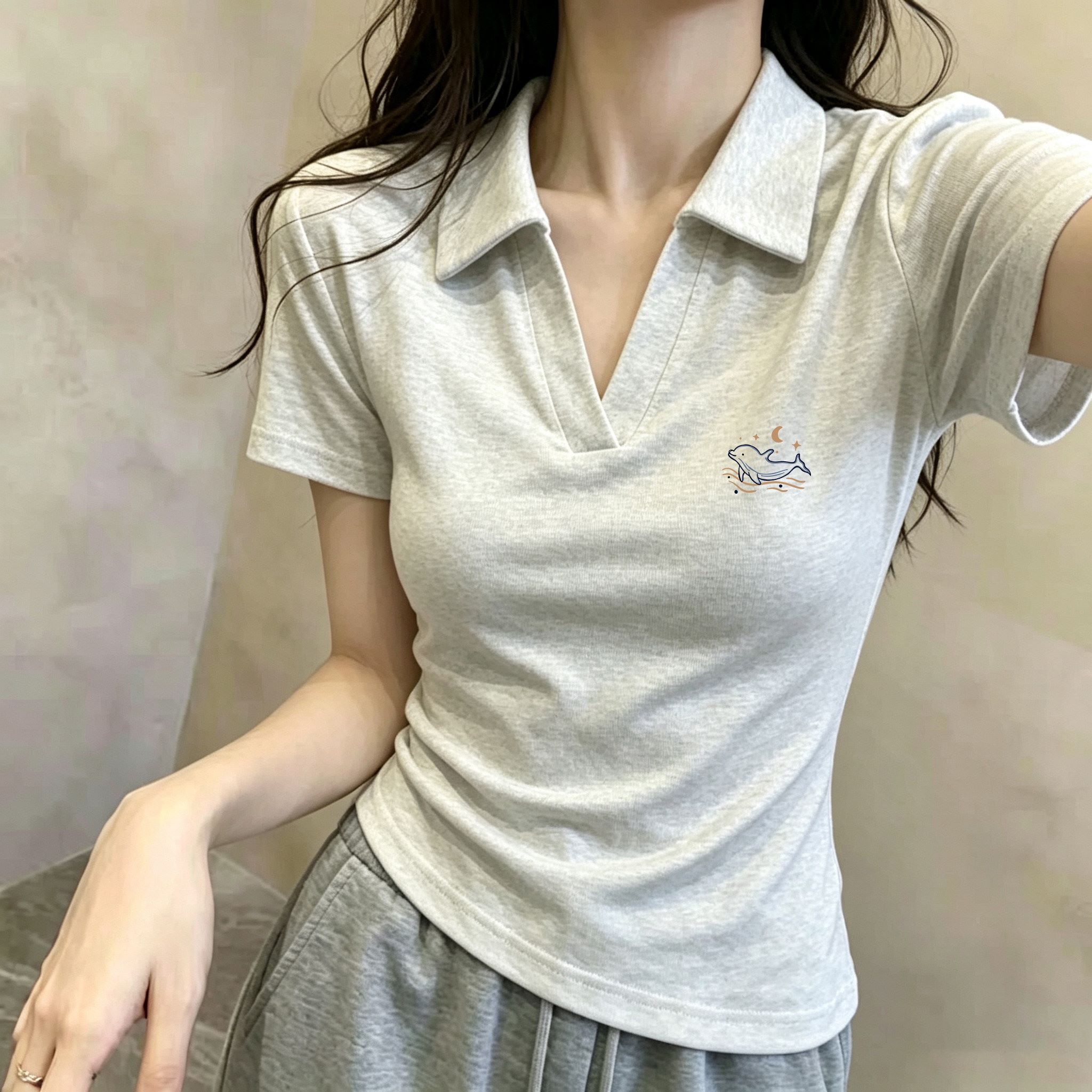 简约翻领polo衫短袖T恤女纯棉灰色小个子气质减龄百搭夏季上衣潮