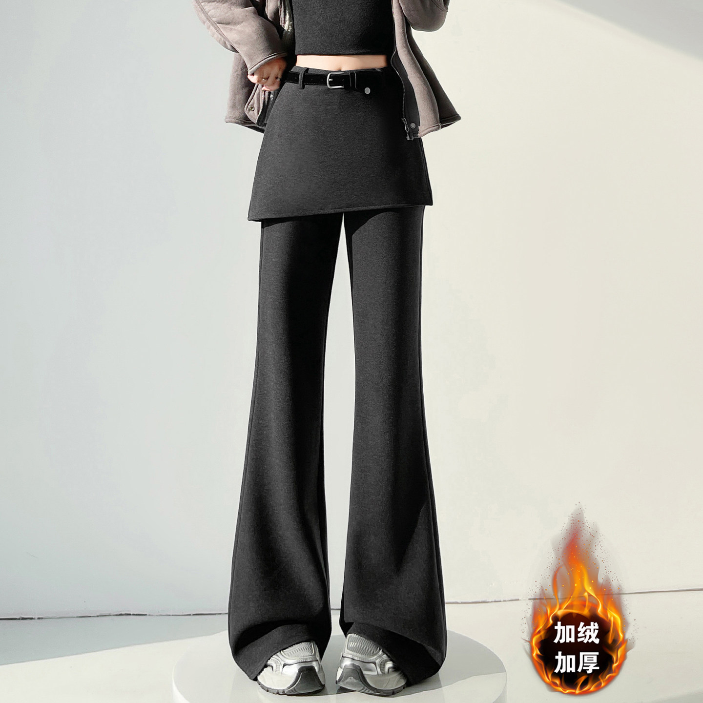 不贴腿屁帘西装微喇裤裙女冬季假两件加绒裤子窄版修身阔腿马蹄裤